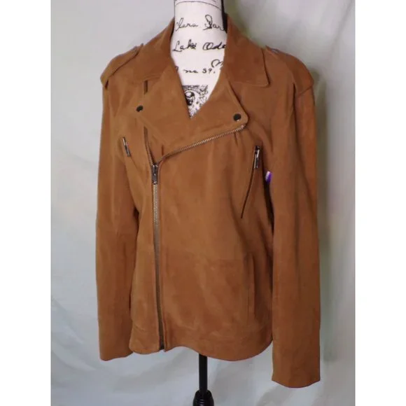 🆕OPEN EDIT from Nordstrom Suede Leather Moto Jacket Medium Camel Brown - Picture 7 of 12